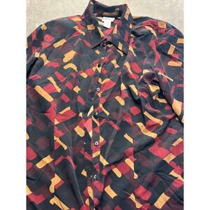 Modern Essentials Womens Abstract Geometric Button Down Blouse Red Gold Black 14